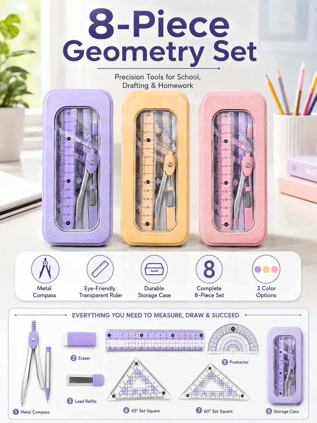 8-Piece Math Geometry Set for  - đánh giá và giá Compass Geometry Set